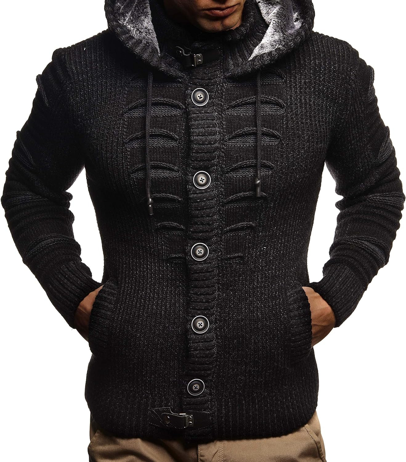 Men'S Stylish Knit Sweater with Buttons | Knitted Sweatshirt Pullover with Hood | Warm for Winter | LN5605