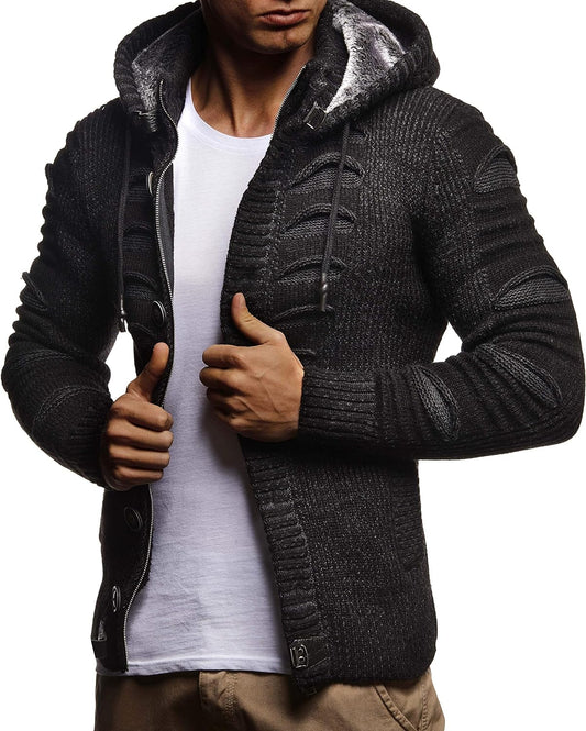 Men'S Stylish Knit Sweater with Buttons | Knitted Sweatshirt Pullover with Hood | Warm for Winter | LN5605