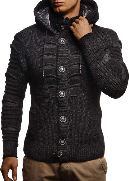 Men'S Stylish Knit Sweater with Buttons | Knitted Sweatshirt Pullover with Hood | Warm for Winter | LN5605